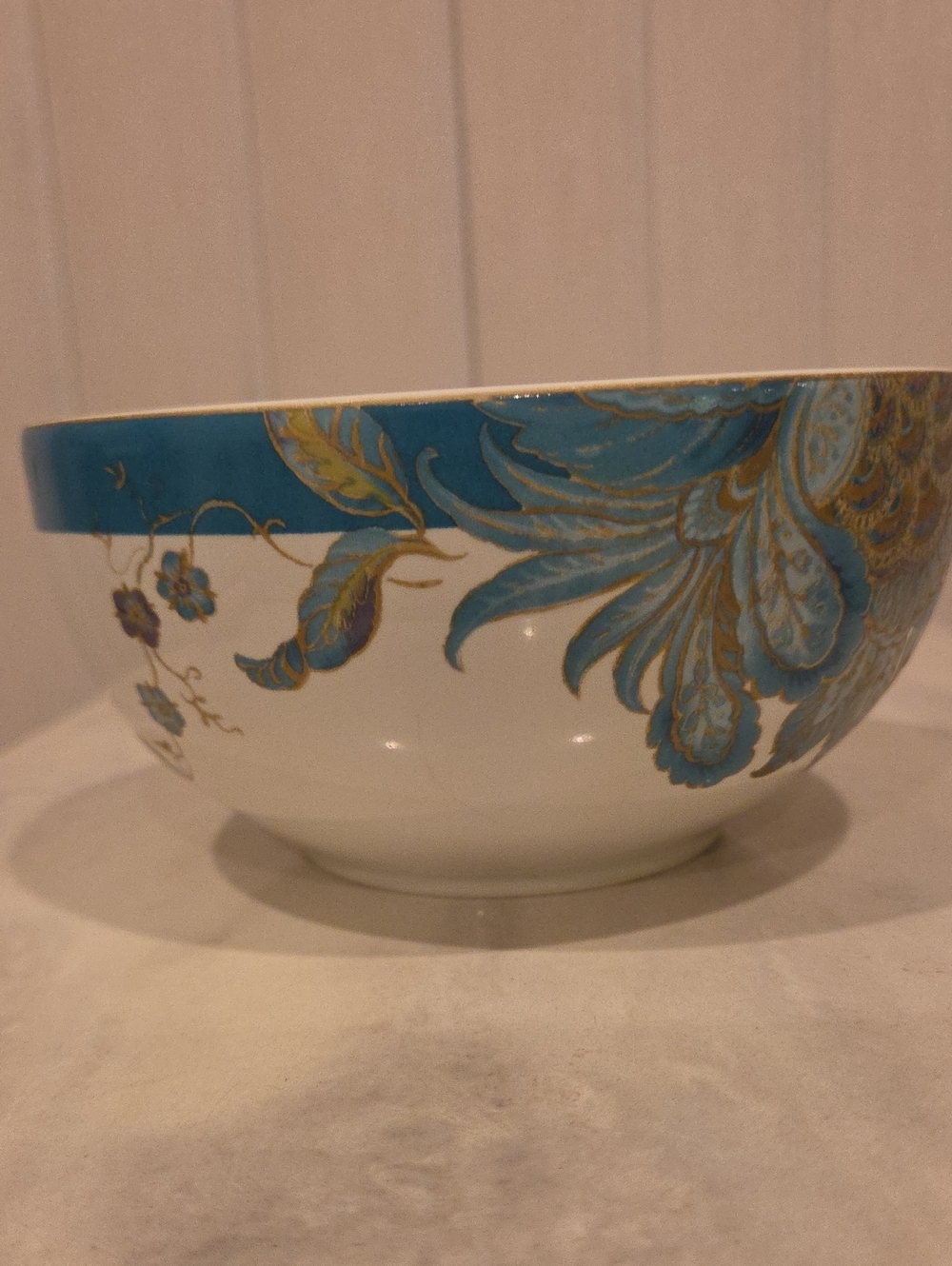 Decorative Floral Ceramic Bowl in Teal and Gold